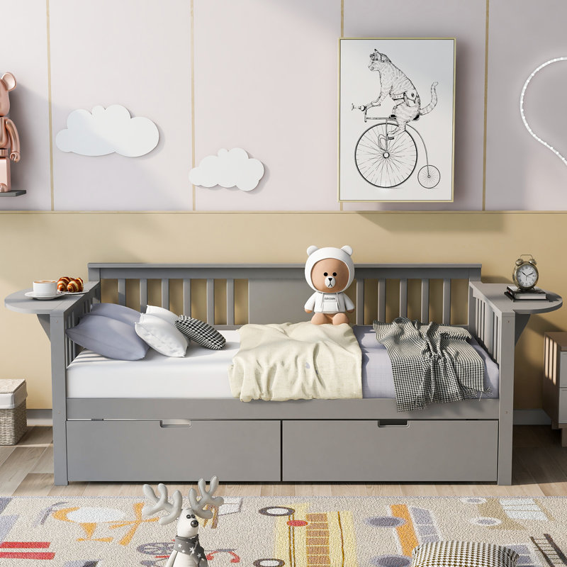 Lit de jour avec deux tiroirs, Gris, Lit simple