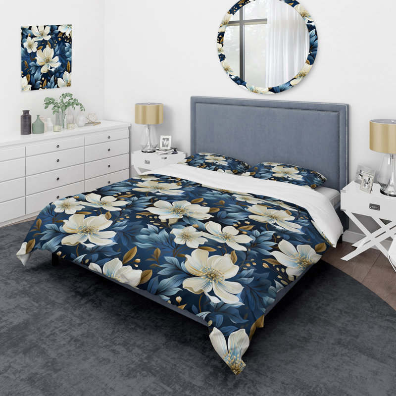 Ensemble de housse de couette à motif de fleurs blanches et bleues I, Housse de couette simple + 1 taie décorative stan