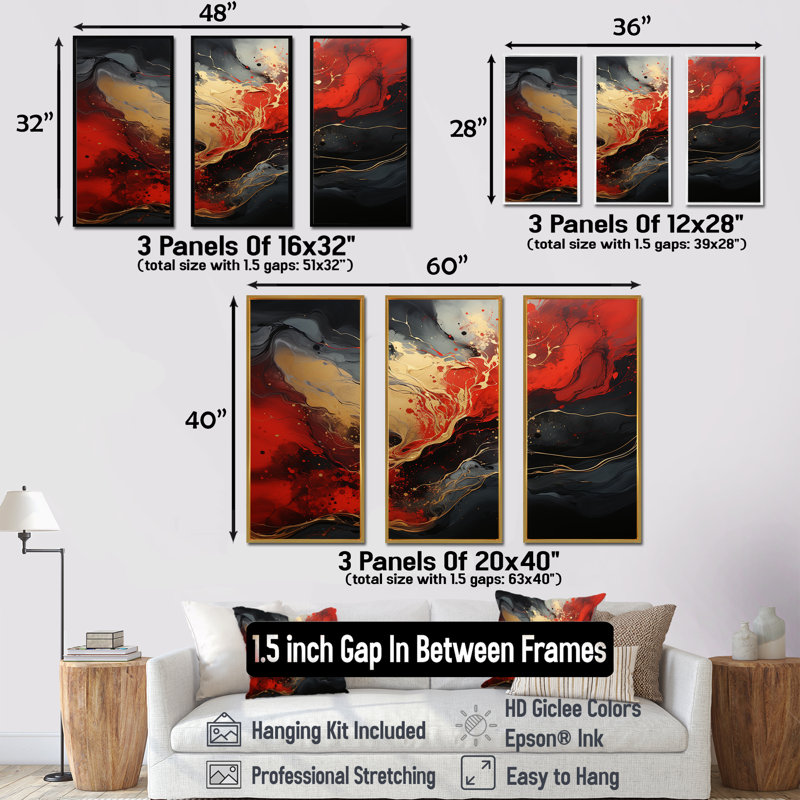 Rouge et or marbre volcan II - art mural abstrait, Cadre flottant doré, H 40 po x l 61 po x P 1 po