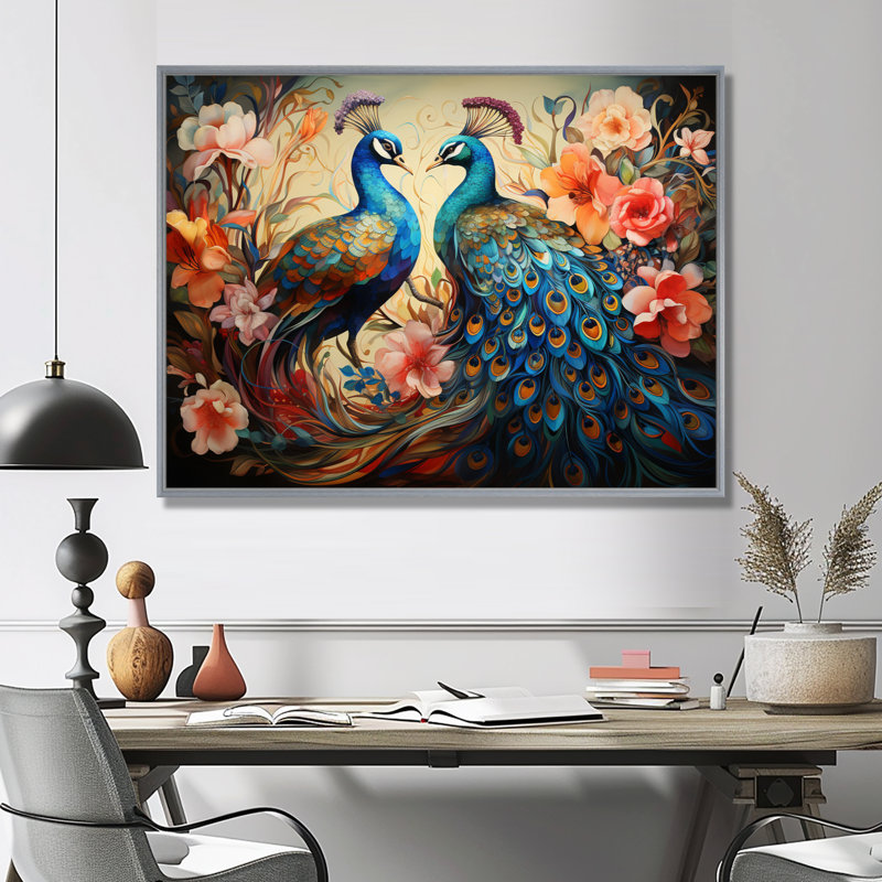 «Blue Coral Indian Art Dancing Peacocks I», art mural indien, H 30 po x l 40 po x P 1,5 po, Encadrement argenté