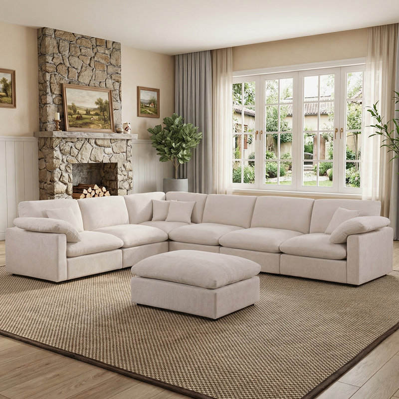 Canapé modulaire surdimensionné réversible à assise profonde 7 pièces 144 po Chenille, Chenille beige