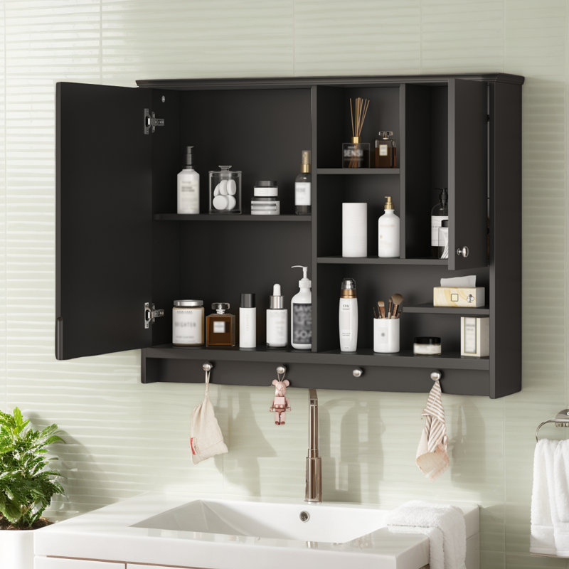Armoire de rangement murale pour salle de bain avec porte miroir et tablette ajustable, Noir, noir, noir, noir