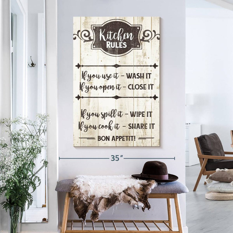 "Kitchen Rules", art textuel sur toile tendue, H 39 po x l 26 po x P 1,25 po