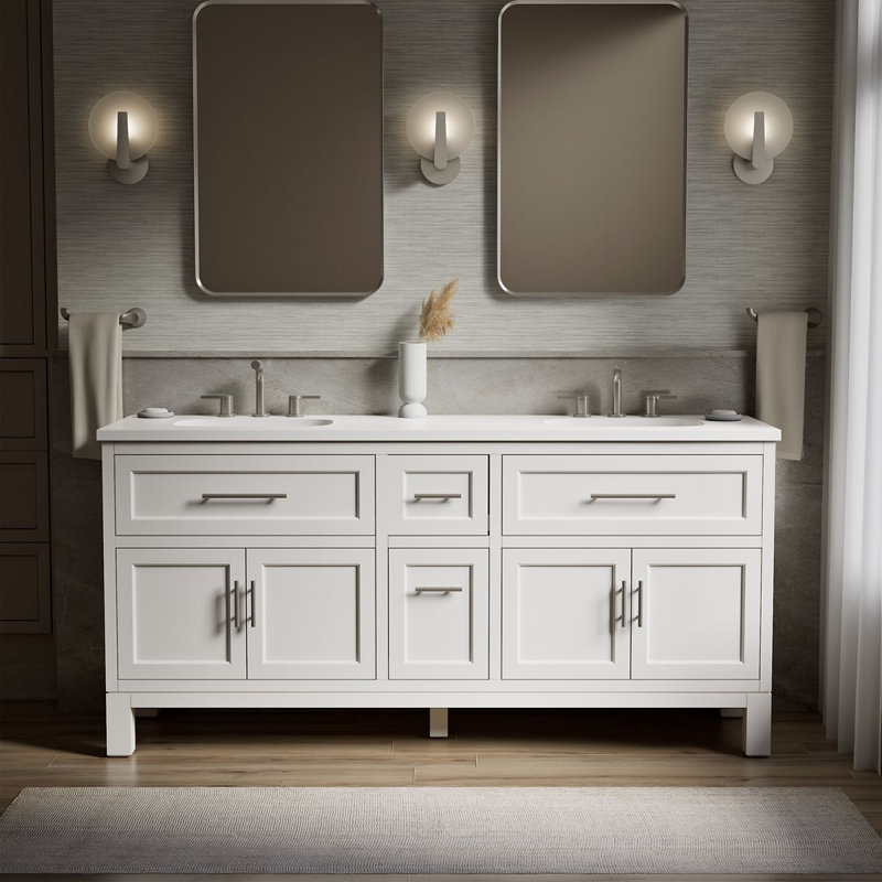 Quo Wall Mounted Single Bathroom Vanity with Solid Wood Top, White, 73"