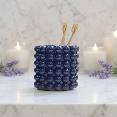 Better Trends Bubble Textured Toothbrush Holder, 2-Slot Bathroom Organiser for Toothbrush & Toothpaste, Waterproof Easy-Clean Countertop Storage for Modern Bathroom Decor, Navy