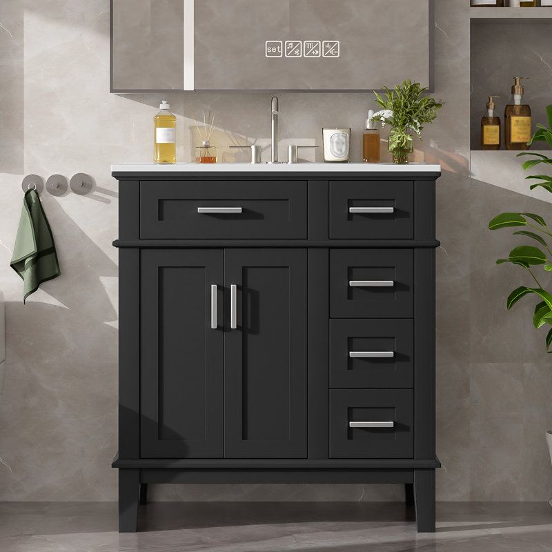 30" Single Bathroom Vanity With Ceramic Top, Black, Silver
