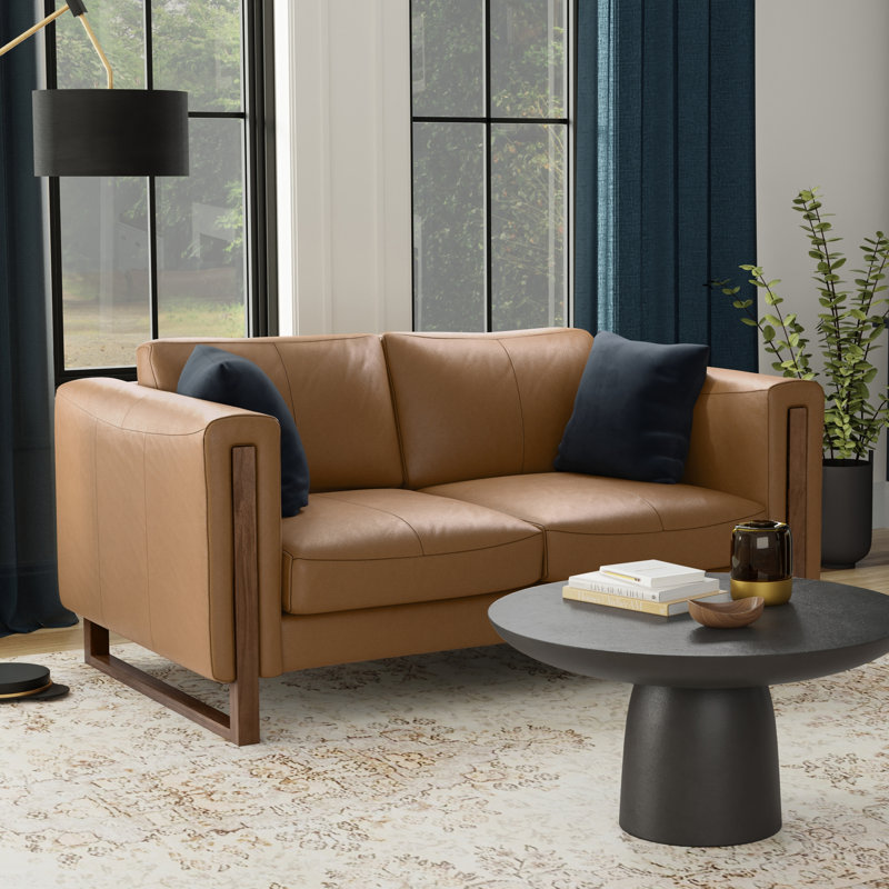 Richard Genuine Leather Loveseat Sofa in with Solid Wood Legs, 2, 62 inch, Richard Butternut Brown Genuine Leather