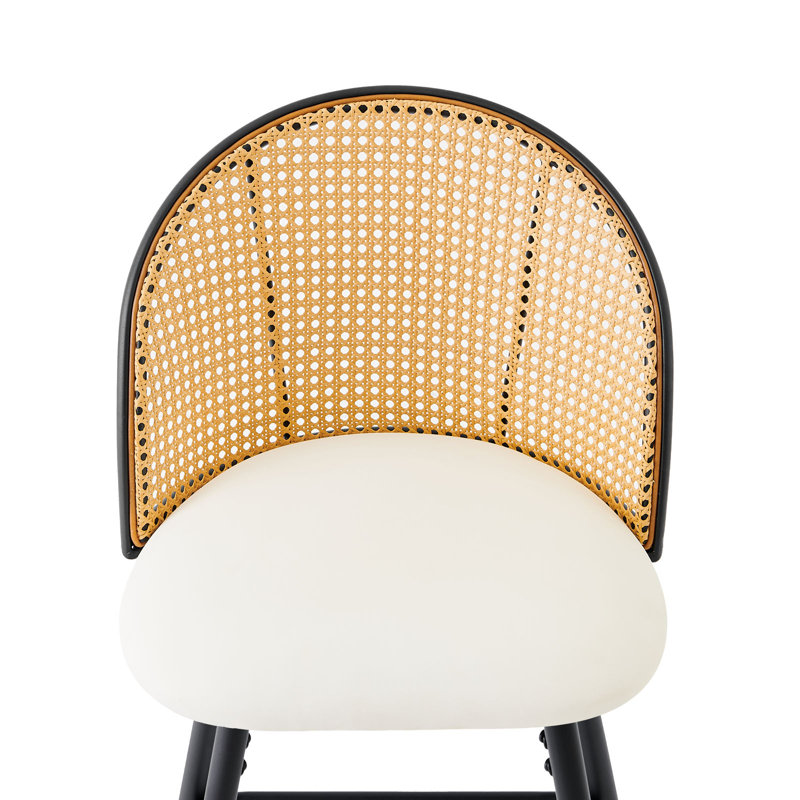 369° Swivel Upholstered Rattan Counter Height Bar Stool, Cuir blanc / cadre naturel, 3