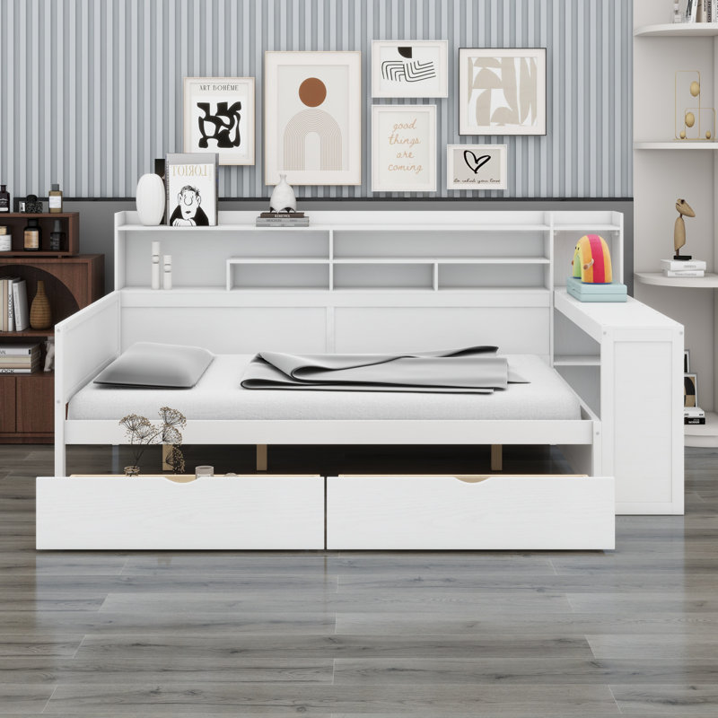 Daybed With Storage Shelves, Multi-Functional Bed With Two Storage Drawers And Study Desk, Antique White