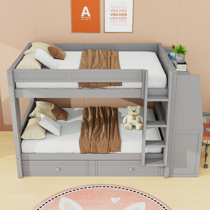 Lit superposé double en bois avec lit gigogne simple, bureau et tablettes, gris