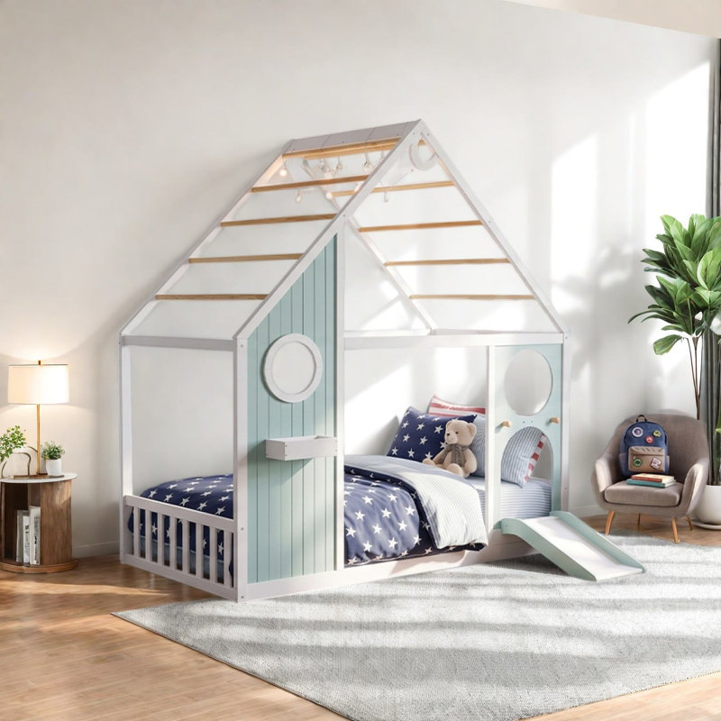 Lits jumeaux cabane, glissade en bois MDF avec lumières de boules, chambre d'enfant bleue moderne, Bleu