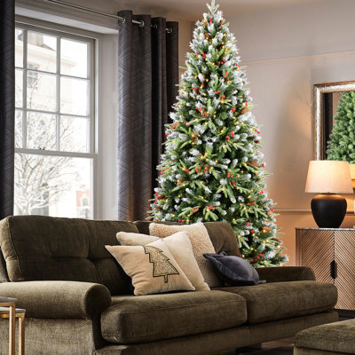 Arbre de Noël de 6 pi avec 350 lumières à DEL blanc chaud pré-enfilées, 1593 branches pe + enneigées, baies rouges, pin et une conception à charnières simple pour une atmosphère de vacances confortable