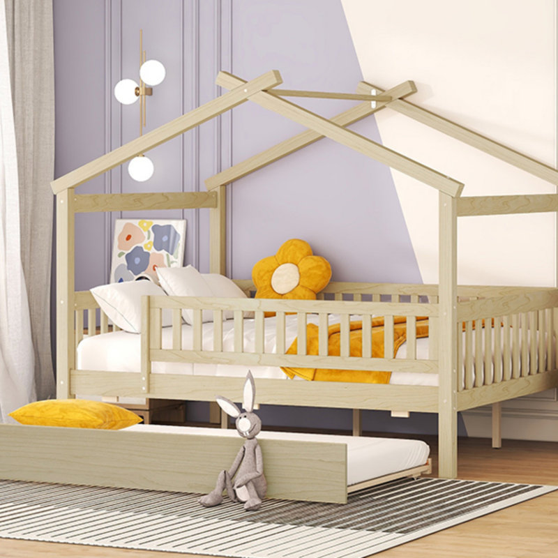 Lit double en bois avec lit gigogne simple, Naturel