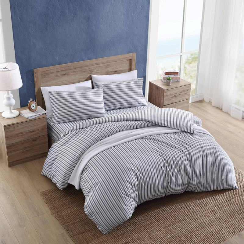 Charcoal and White Striped Cotton Queen Duvet Cover