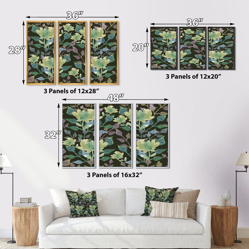 Botanique vert clair sur vert foncé - ensemble d'art mural sur toile traditionnel encadré de 3, H 28 po x l 36 po x P 1 po