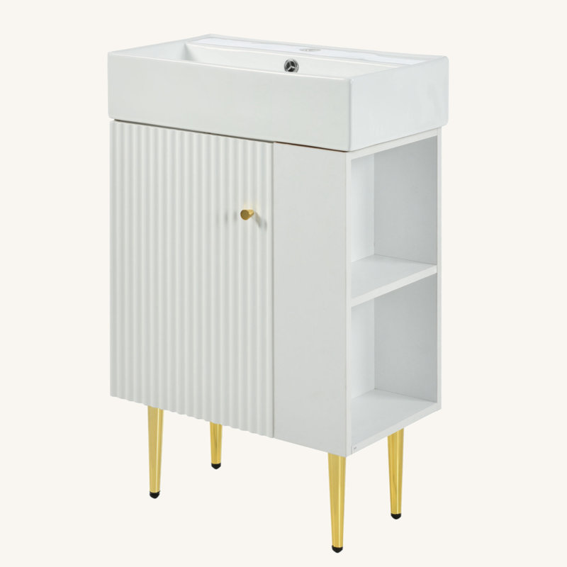 Meuble-lavabo blanc 21,6 po, armoire combinée, meuble de rangement pour salle de bain, lavabo simple en céramique, rangement sur le côté droit