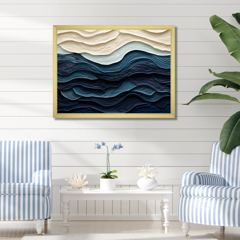 «Blue and White Coastal Waves», impression murale abstraite sur toile côtière, Doré, H 12 po x l 20 po, Impression encadrée