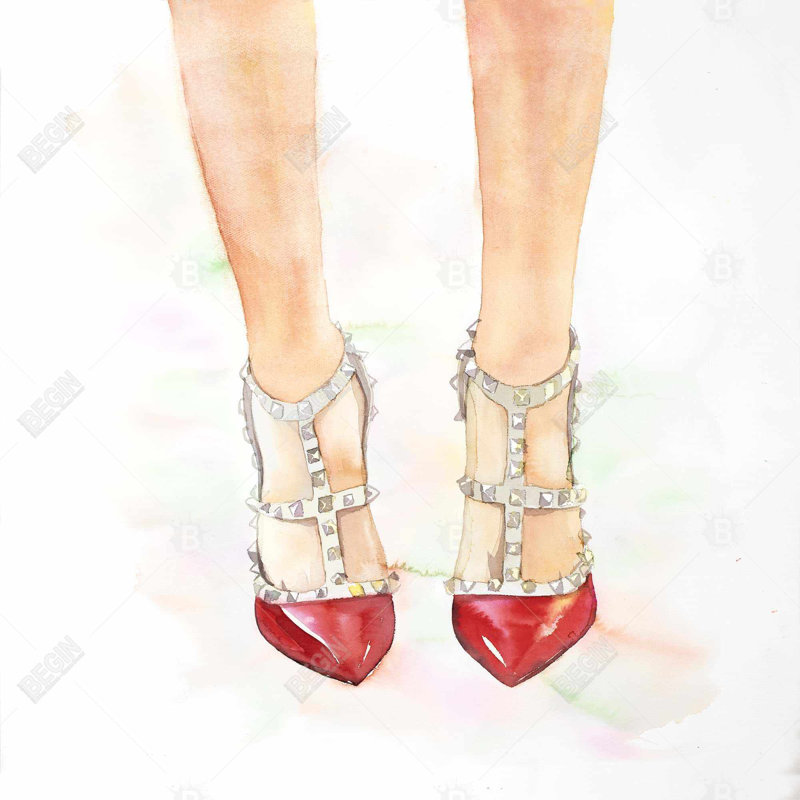 Red studded high heels - 26"x26" Throw pillow - Poly twill - Print on demand, White/Beige/Red