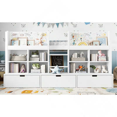 Twin Size Loft Bed with Multi-storage Shelves and Storage, Low with Curtain under the Bed and Chalkboard, No Box Spring Needed, White