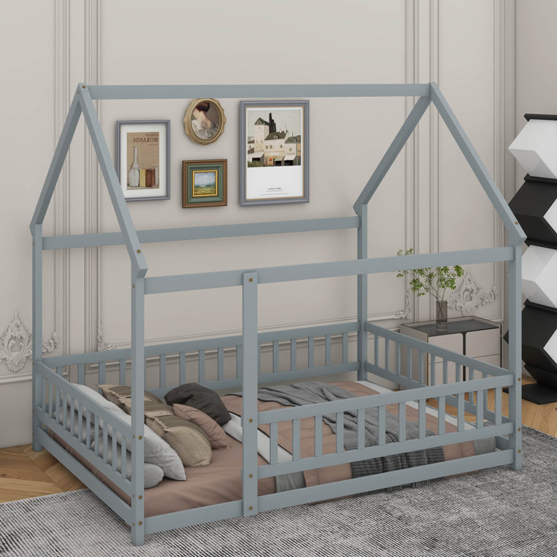 Lit en bois Asahn, Gris, Lit double