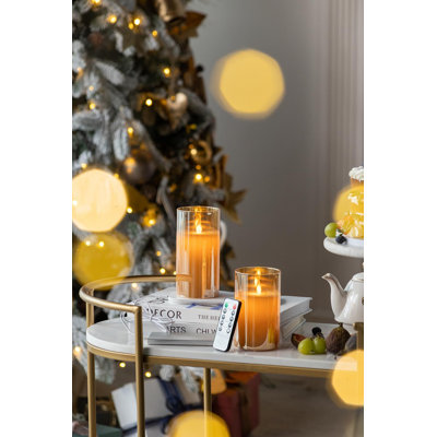 S/2 Rechargeable LED Candles in Amber Glass with Remote and USB Charger  L:D3x6" S:D3x5"
