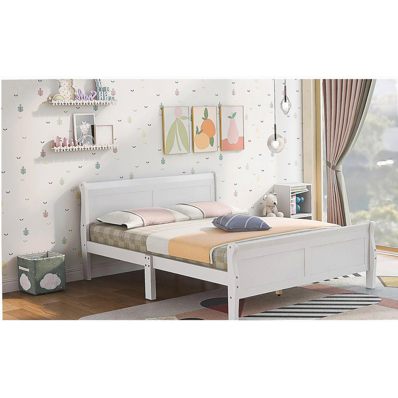 Lit plateforme double en bois avec tête de lit et lattes de bois (blanc)