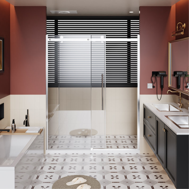 60.In W X 72.In H Frameless Shower Door Single Sliding, 1/4 Inch Thick Clear Tempered Glass Shower Door With Zinc Roller Rail System, Stainless Steel Handle