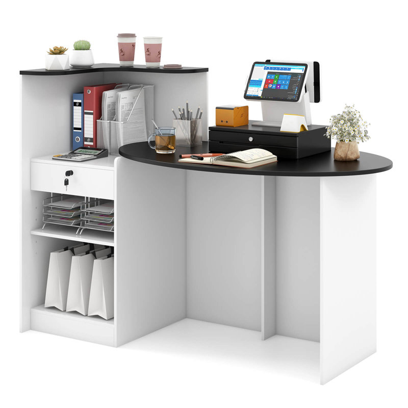 Reception Desk With Lockable Drawer & Adjustable Shelf Oval Tabletop For Store Black