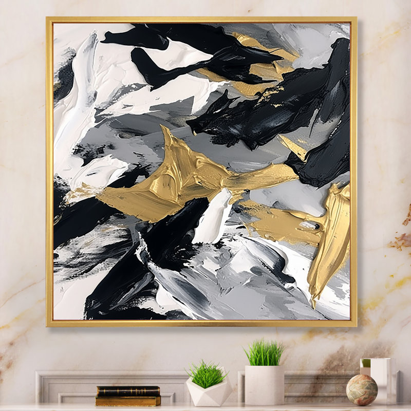 «Waves Of Midnight Passion Abstract Black & Gold I», reproduction d'art sur toile, H 24 po x l 24 po, Cadre flottant doré