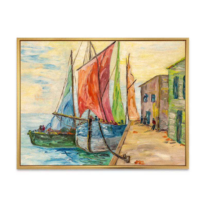 Voiliers bleus et rouges dans le port - reproduction sur toile, H 8 po x l 12 po x P 1 po, Cadre flottant doré