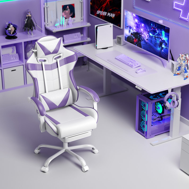 High-Back Adjustable Reclining Ergonomic Faux Leather Swiveling Pc & Racing Gaming Chair With Footrest, White/Purple