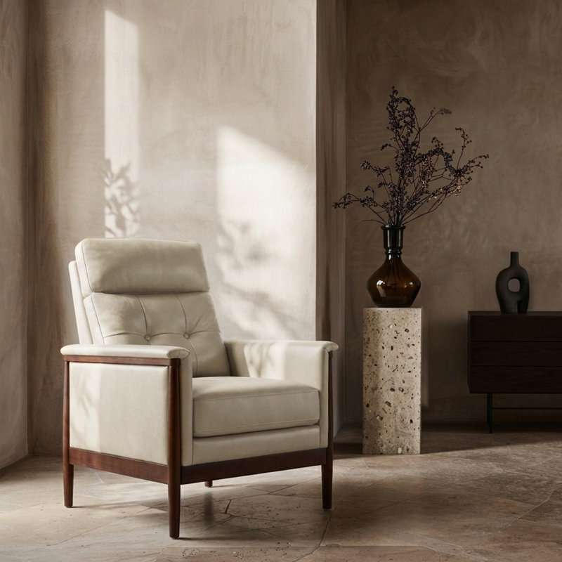 Outen Mid-Century Modern Genuine Leather Armchair with Solid Wood Armrests, Beige