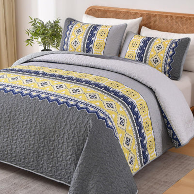 3 Pieces Boho Geometry Printed Quilt Set Soft Bohemian All-Season Bedding Coverlet Set