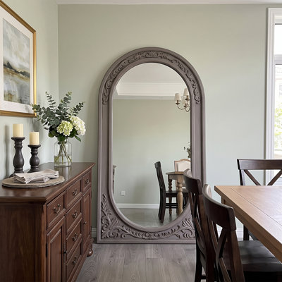Gray Antique Floral Arched Wood Full Length Mirror
