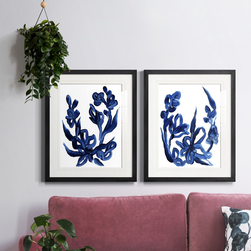 «Indigo Brush Blooms I», reproduction encadrée de qualité supérieure - prête à être accrochée