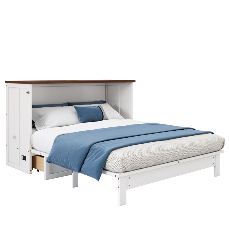Solid Pine Murphy Bed Chest With Charging Station And Large Storage Drawer For Home Office Or Small Room, Queen