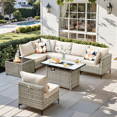 6 - Person Reversible Modular Outdoor Conversation Set,Wicker Patio Seating Group with Lighted Coffee Table, All Weather Swivel Chair Set with Cushions