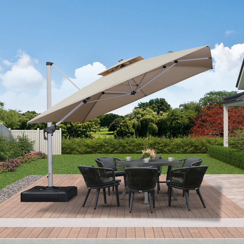 Parasol en porte-à-faux carré 132 "avec base Jujin, beige, Beige