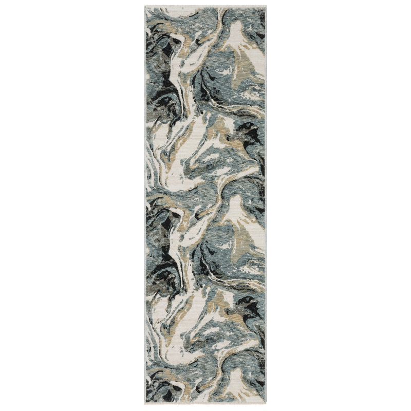 Tapis bleu / ivoire Maline, Tapis de couloir 2 pi 3 po x 7 pi 9 po