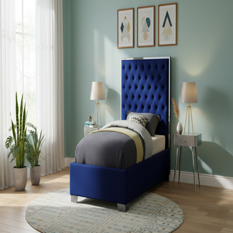 Spadaro Upholstered Platform Bed, Navy Velvet, Silver, Twin