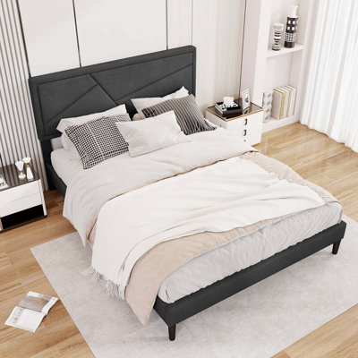 Bed Frame with High Headboard & Wooden Slats No Box Spring Needed by Winston Porter