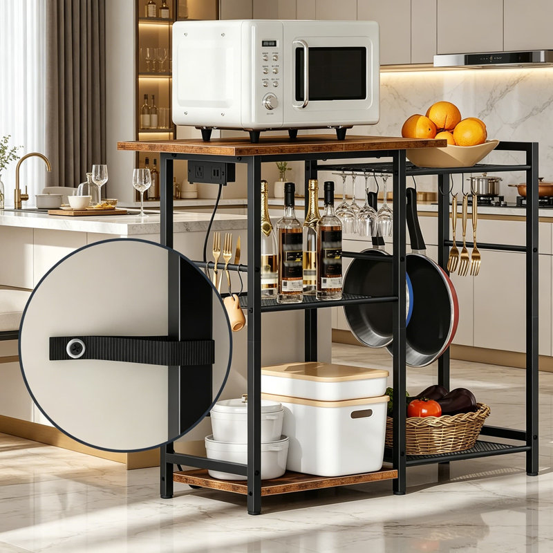 Étagère Bakers avec prise de courant et ports USB, support à micro-ondes avec support pour casseroles, étagère de cuisine avec 6 crochets en S, table basse pour les épices et les appareils électroménagers, noir et brun rustique