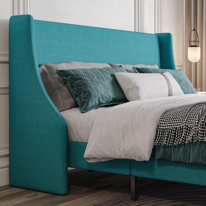 Lit plateforme tapissier Toderick avec aile de luxe et mélange de lin, Bleu lac, Double
