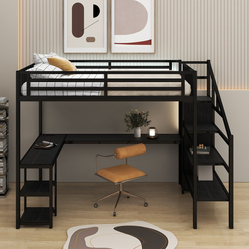 Grand lit mezzanine en métal avec garde-robe et lumière DEL, grand lit mezzanine avec bureau en forme de L et port USB, Grand