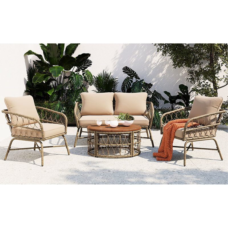 Style de mobilier d'extérieur avec housses de coussins amovibles, beige, table de table ovale en bois, coussins, patio beige