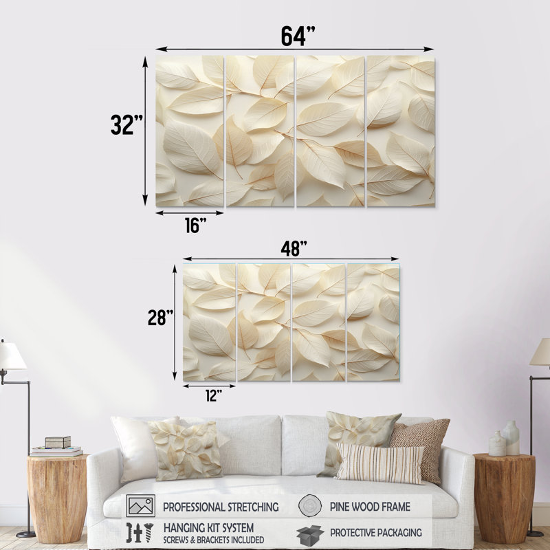 Feuilles ivoire feuillage Collae III - feuilles, décoration murale - art mural traditionnel, H 28 po x l 48 po, 4
