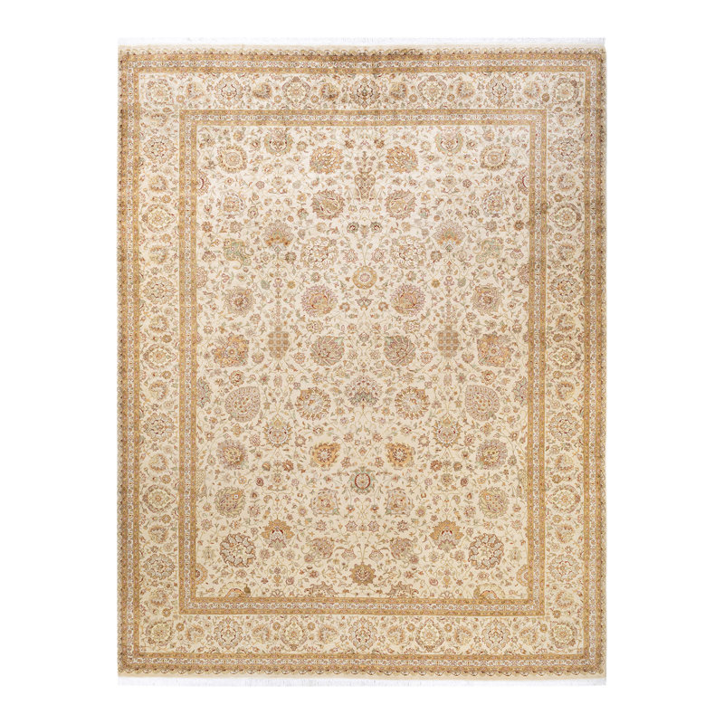 Tapis unique ivoire / jaune / rouge noué à la main Mogul 9 pi 2 po x 12 pi