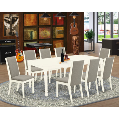 9 Piece Dining Table Set Includes a Rectangle Dining Room Table with Butterfly Leaf and 8 Shitake Linen Fabric Upholstered Chairs, Linen White