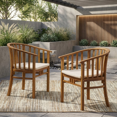 Chaises de salle à manger d'extérieur en bois avec coussins, ensemble de 2, crème, finition teck