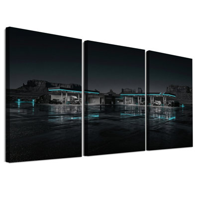 Desert Gas Station With Teal Neon Lights Set Of 3 Canvas Wall Art
